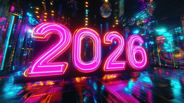 A glowing neon backdrop for the 2026 New Year celebration, with bold 