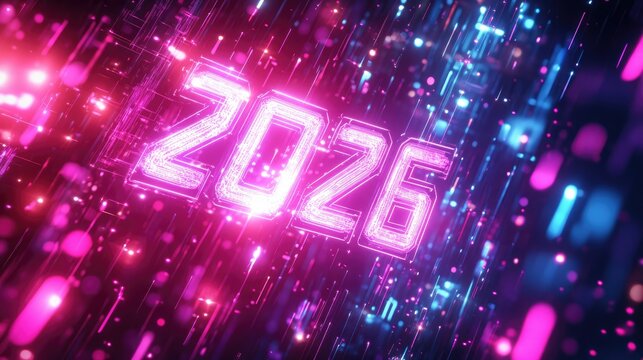 Vibrant neon background for a 2026 New Year event, featuring illuminated bold 