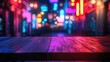 © Rizall - Intricate textures on a wooden table, framed by a hazy backdrop of colorful neon lights and a dark interior, evoking the stylish atmosphere of contemporary nightlife
