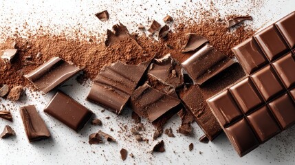 Poster - Broken Chocolate Bar and Cocoa Powder Create an Indulgent Flatlay on a Bright White Surface
