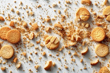 Poster - Broken Cookies Scattered on a White Surface Create a Pleasing Flatlay Design With Crumbs and Pieces Arranged Artistically