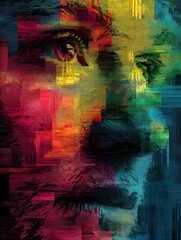 Leinwandbilder - Fragmented Face of AI With Vibrant Colors Creating a Glitch-Art Inspired Aesthetic