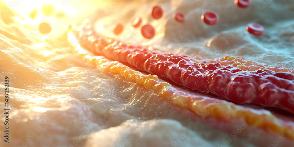 Microscopic view of blood vessels and red blood cells flowing through ...