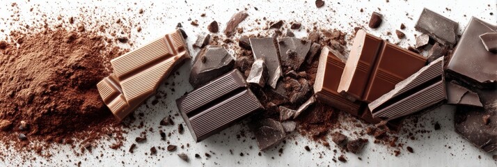 Poster - Broken Chocolate Bar and Rich Cocoa Powder Create a Tempting Display for Dessert Lovers in Bright White Setting