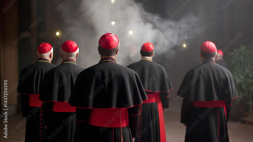 Group of Vatican cardinals in black robes and red caps watching white ...