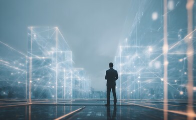 Business man searching online Big Data digital application Artificial Intelligence (AI) to help work on the futuristic business and coding software development on interfaces and network connections.