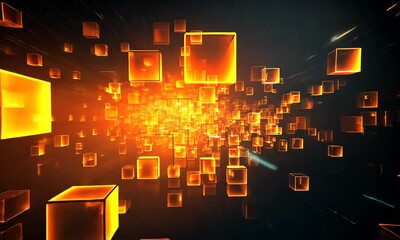 Poster - Dynamic swarm of luminous orange cubes floating in a cosmic void, creating an otherworldly geometric display of light and volumetric depth