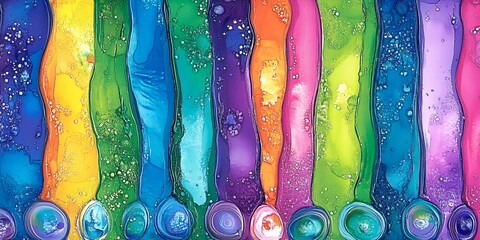 Poster - Vibrant Rainbow Abstract Art Colorful Vertical Stripes Ink Painting Fluid Acrylic Pouring Texture Background Design