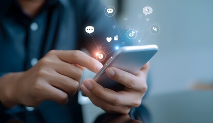 Man using smartphone to work about live chat and social media marketing. internet network technology and business concept