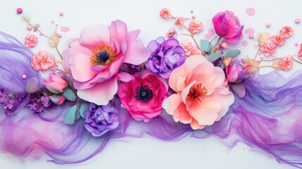 Poster - Close-up pastel flowers over flowing purple ink design, dreamy visual aesthetic in soft focus