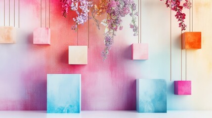 Poster - floating pastel blocks with watercolor texture, minimalistic grid design on white