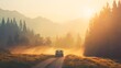 © iyaekung - Electric Car in Peaceful Forest Clearing with Morning Mist and Sunlight