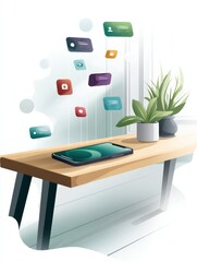 Leinwandbilder - Smartphone on Wooden Table With Colorful Notifications Floating Above It in a Bright Indoor Setting