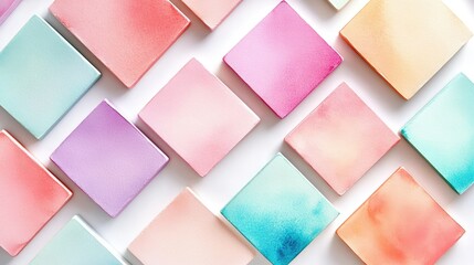 Poster - Square watercolor tiles in calming pastel palette, scattered neatly over white backdrop
