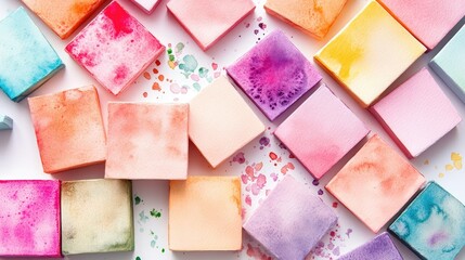 Poster - Square watercolor tiles in calming pastel palette, scattered neatly over white backdrop