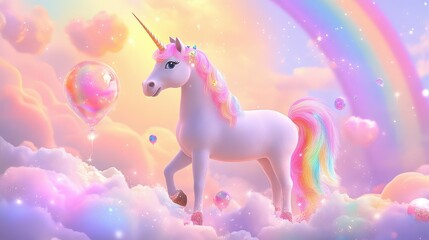Poster - Vibrant pastel unicorn theme with swirling rainbows, sparkling glitter overlays, and soft clouds in a vector fantasy scene