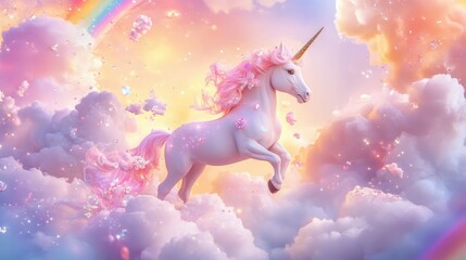 Poster - Vibrant pastel unicorn theme with swirling rainbows, sparkling glitter overlays, and soft clouds in a vector fantasy scene