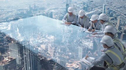 Poster - Engineers Collaborating Around Holographic Table Display in Urban Setting