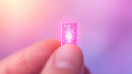 Poster - Pink Glittery Rectangular Object Held in Hand Against Pastel Background