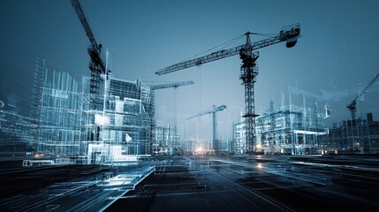 Poster - Futuristic Construction Site with Cranes and Digital Elements