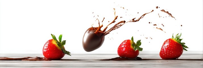 Poster - Chocolate Dipped Strawberry Hovering Above Fresh Strawberries With Chocolate Splash in High-Key Style, Creating a Delightful Visual Experience