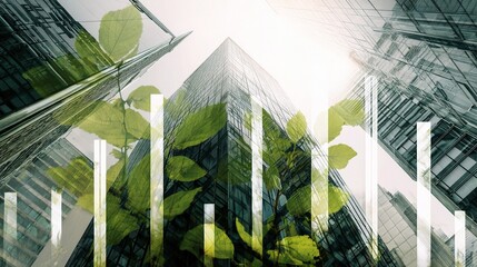 Poster - Green Reflections on Glass Skyscraper with Leafy Overlay at Sunset