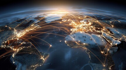 Poster - Global Business Map with Glowing Trade Routes Across Continents