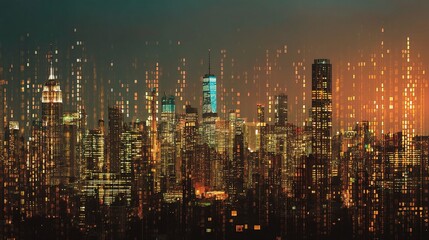Poster - New York City Skyline with Glowing Data Matrix Overlay at Dusk