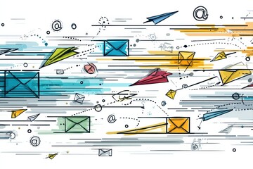 Aufkleber - Stylized Email Icons and Communication Lines Dynamic Atmosphere Showcasing the Digital Flow of Information