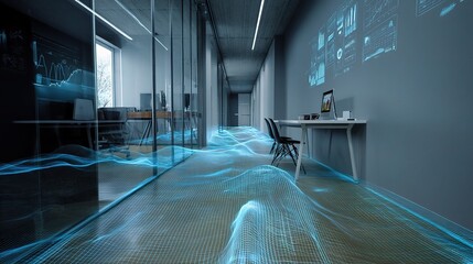 Poster - Futuristic Office Hallway with Digital Transformation Elements