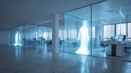 Poster - Futuristic Empty Office Space with Glowing Hologram Technology