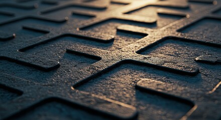 Poster - A close up of a black metal surface with a pattern of squares and triangles