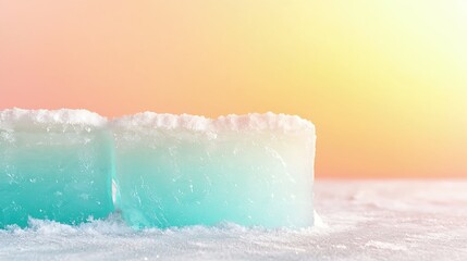 Poster - Closeup of Two Teal Ice Cubes with Sugar Crystals on Pastel Background