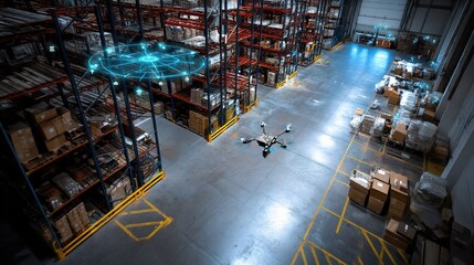 Poster - Aerial View of Drone in Warehouse for Efficient Logistics Operations