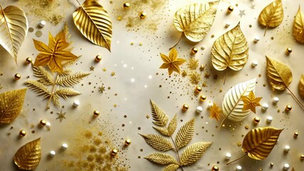 Aufkleber - Golden Leaves, Pearls, and Stars on Beige Background with Glitter and Sparkle