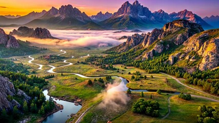 Aufkleber - Serene Valley Sunrise A Breathtaking Aerial View of Nature's Majesty