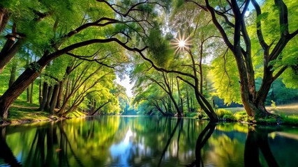 Poster - Tranquil river flowing through a lush green forest canopy with sun rays