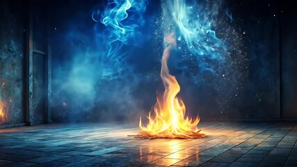 Aufkleber - Mystical fire burns bright in a dark room with blue smoke swirling above.