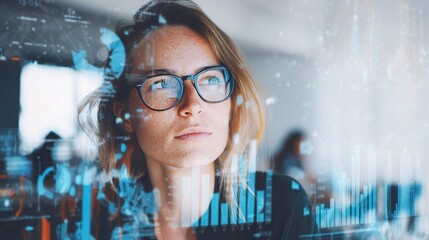 Poster - Woman in Tech Startup Office Analyzing Digital Charts and Data