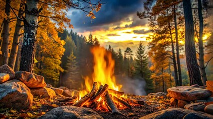 Poster - Tranquil autumn forest campfire at dusk with golden leaves and glowing embers.