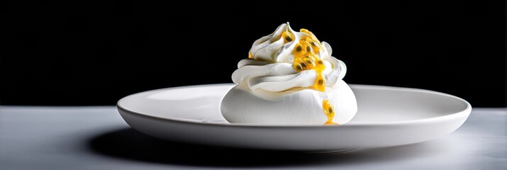 Poster - Delightful Pavlova Dessert Topped With Passion Fruit, Showcasing Bright Minimalist Contrast in a Modern Setting