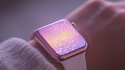 Poster - Woman Wearing a Smartwatch with a Pink and White Gradient Display