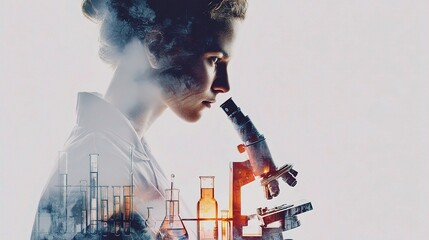 Poster - Young Female Scientist Using Microscope in Creative Double Exposure