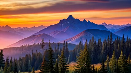 Poster - Tranquil Sunset Over Majestic Mountain Peaks and Lush Evergreen Forest