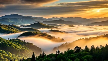 Poster - Golden Sunrise Over Misty Mountain Peaks A Breathtaking View of Nature's Beauty