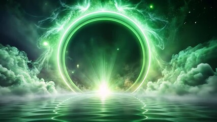 Aufkleber - Glimmering Green Portal A Mystical Journey Through Cosmic Clouds and Tranquil Waters