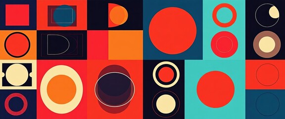 Wall Mural - Set of minimalist retro geometric vector illustrations featuring abstract neo-geo patterns in squares and circles, colored, brochure