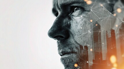 Poster - Mixed Media Portrait of Man's Face with Data Points and Lines