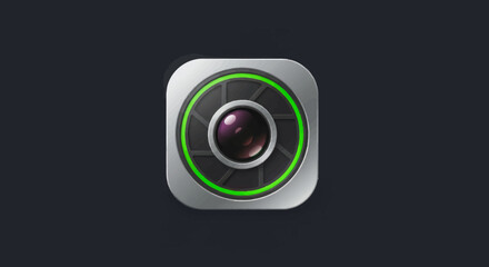 Poster - Camera icon design with lens and green ring for photography app or website concept