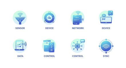 Fototapete - Collection of futuristic technology icons representing sensor, device, network, data, control and sync concepts for modern applications and designs